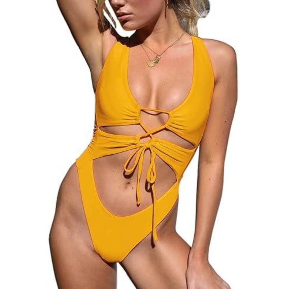Chyrii Orange Cutout Lace Up One Piece Swimsuit High Cut Monokini Size L New